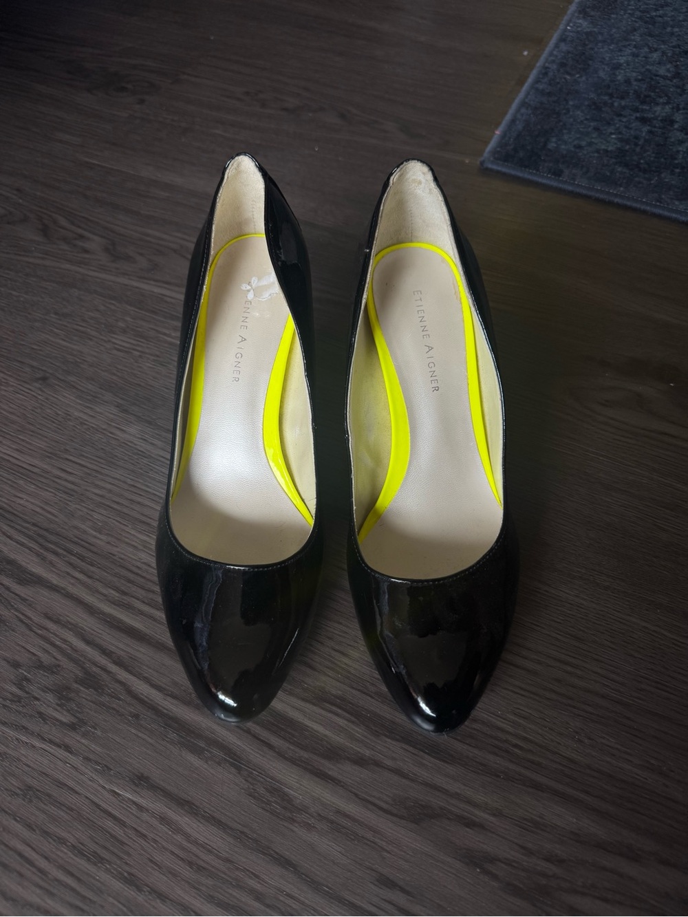 Etienne Aigner Black Patent Pumps with Neon Yellow Insole Accent